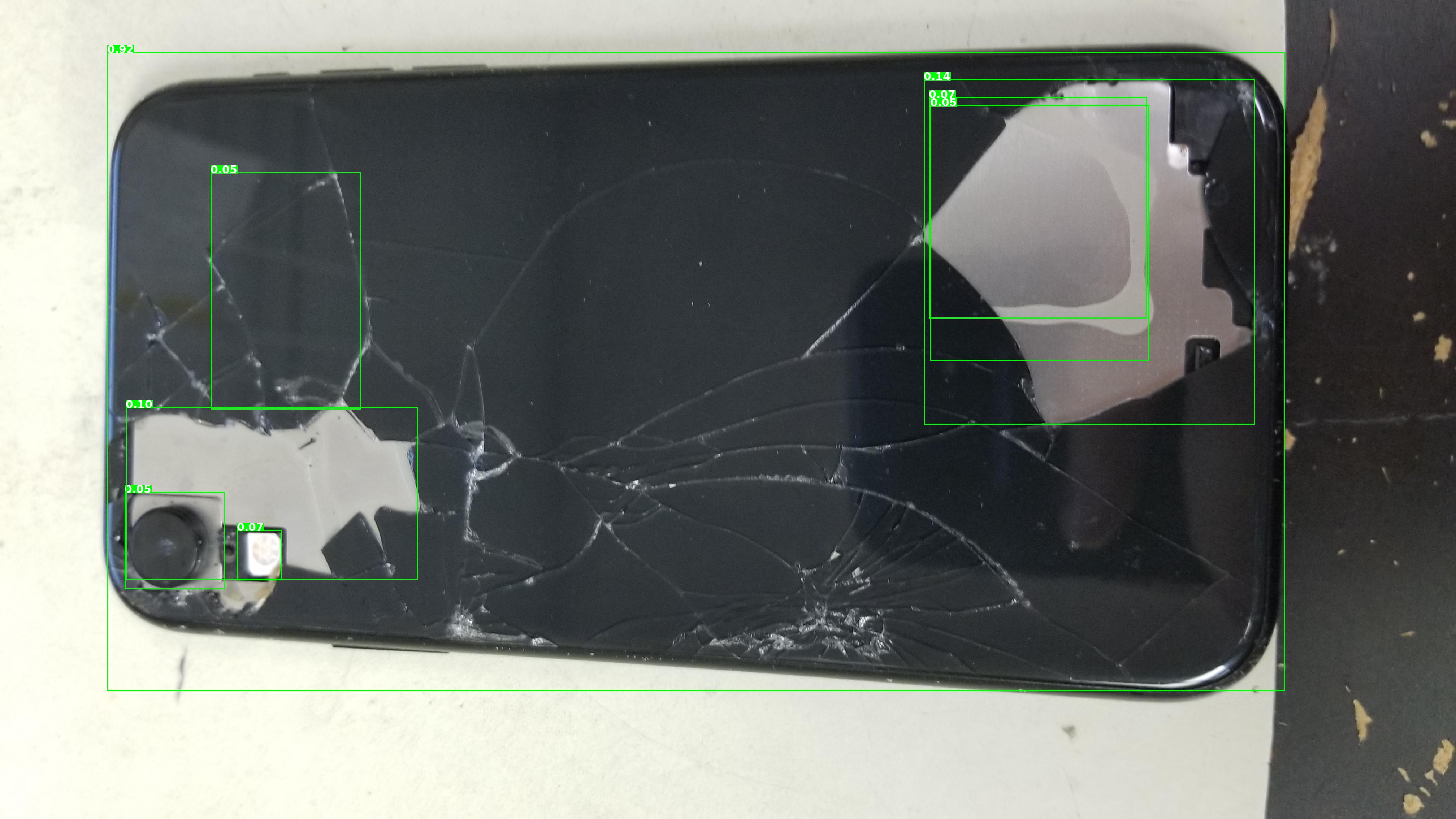 AI-detected crack regions on a smartphone back panel